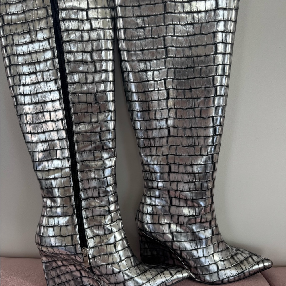 Luxe London Rag Wedge Knee-High Silver Boots SZ 9 NWT